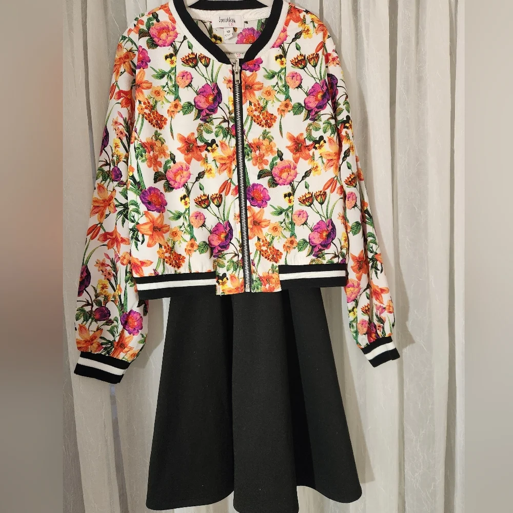 Speechless Girl's Black Sleeveles Dress w/Floral Bomber Jacket, Size 10, NWOT